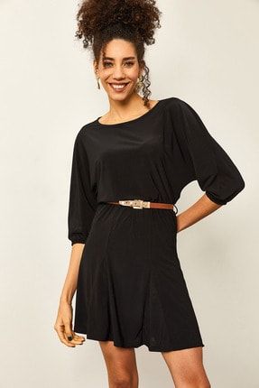Kadın Siyah Pili Detaylı Yarasa Kol Elbise 2KZK6-12359-02
