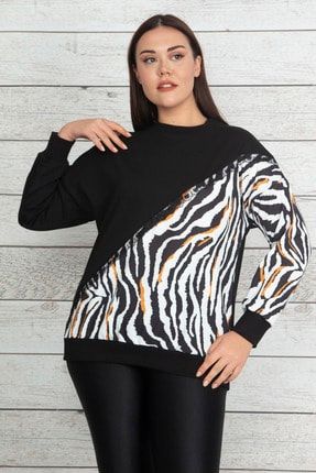 Kadın Siyah Zebra Garnili Dantel Detaylı Sweatshirt 65N30463