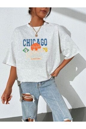 Gri Chicago Basketbol Oversize T-shirt CHİCAGO-035