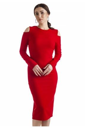 Uzun Kollu Sırt Dekolteli Elbise Kırmızı - Bead Serisi 19401