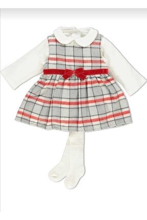 Kız Bebek Kırmızı Elbise 3'lu Takım Külotlu Çoraplı Dokuma Elbiseli 6-24 Ay 3187