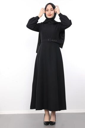 Kadın Kemerli Kloş Tesettür Elbise Siyah 4203110