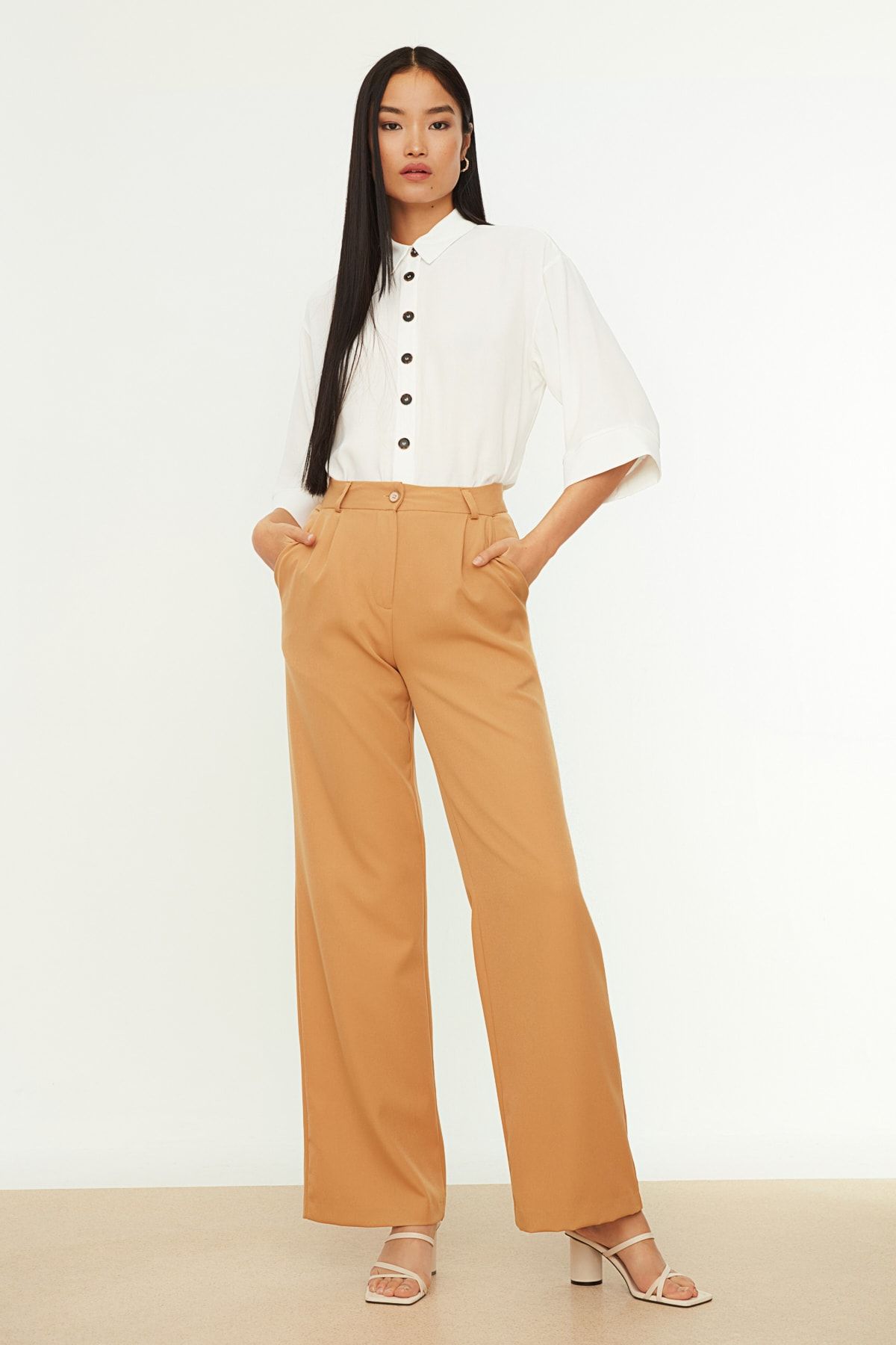 Tall Camel High Waisted Smart Wide Leg Pants