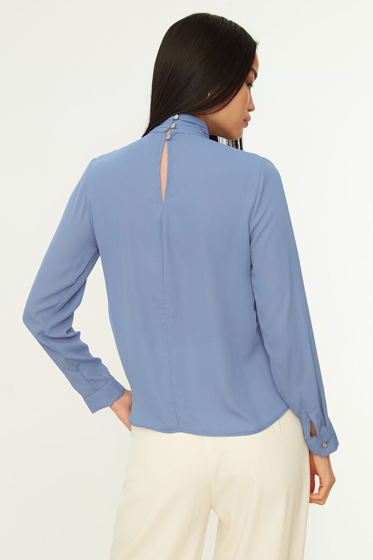 Trendyol Collection-Kék magas galléros szőtt blúz TWOAW20BZ0462 5