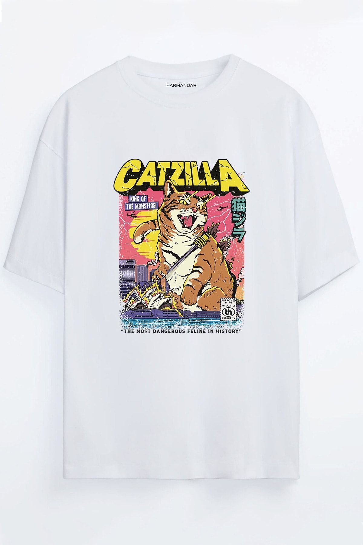 Harmandar Retro Catzilla Printed Unisex White Oversize T shirt
