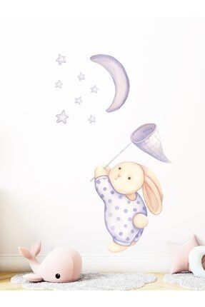 Sevimli Sulu Boya Görünümlü Pembe Tavşan Çocuk Odası Duvar Sticker S282