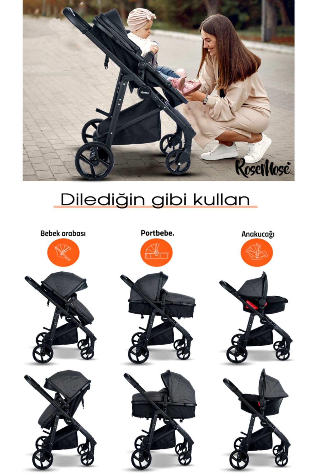 ROSE MOSE 605 Canopy Çift Yönlü Travel Sistem Bebek Arabası Puset Yeni Doğan Set SN11319