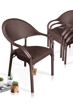 Bambu Rattan Kollu Sandalye Koltuk 4 Adet Dayanıklı Bahçe Sandalyesi Kahve BAHEX-BAMBU-4LU-SET