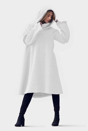 Beyaz Kapüşonlu Sweatshirt Ekstra Uzun Kollu Ceket Tarz Yeni Nesil Tasarım NEW2SFLSWTKDN