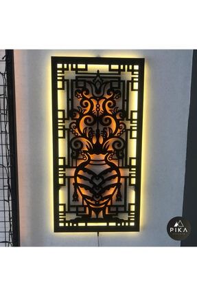 Üç Boyutlu Led Işıklı Ahşap Tablo Özel Tasarım Vazo Figürü Duvar Dekorasyonu 35 X 70 THST745800127021