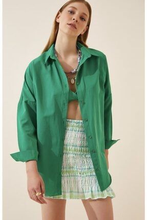Kadın Koyu Yeşil Oversize Uzun Basic Gömlek 3900İ