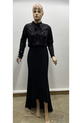 Boydan Üstü Siyah Pullu Elbise 23245