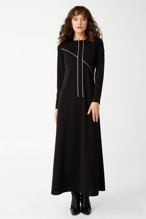 Kadın Deri Biye Detaylı Elbise Siyah 2223083200