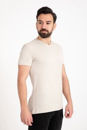 Erkek %100 Pamuk V Yaka Basic Koyu Bej T-shirt 2021