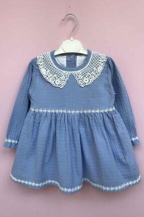 Dantel Yaka Detaylı Mavi Kız Çocuk Bebek Pamuklu Elbise 86050120225