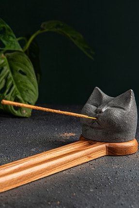 Kedi Figürü Taş Tütsülük ve Kayın Ağacı Tütsü Tablası TRY20211203