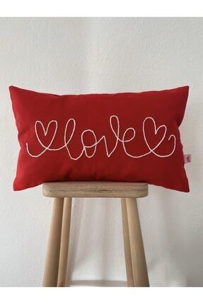 Kırmızı Love Yazılı Sevgililer Günü Punch Kırlent Yastık Kılıfı 30*50 Cm Slove