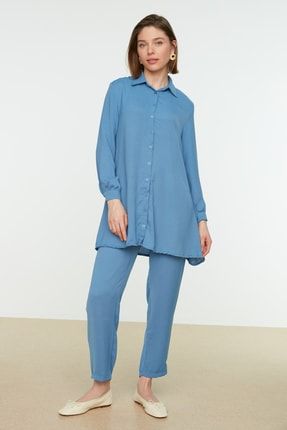 Mavi Kol Detaylı Gömlek-Pantolon Dokuma Takım TCTSS21AU0241