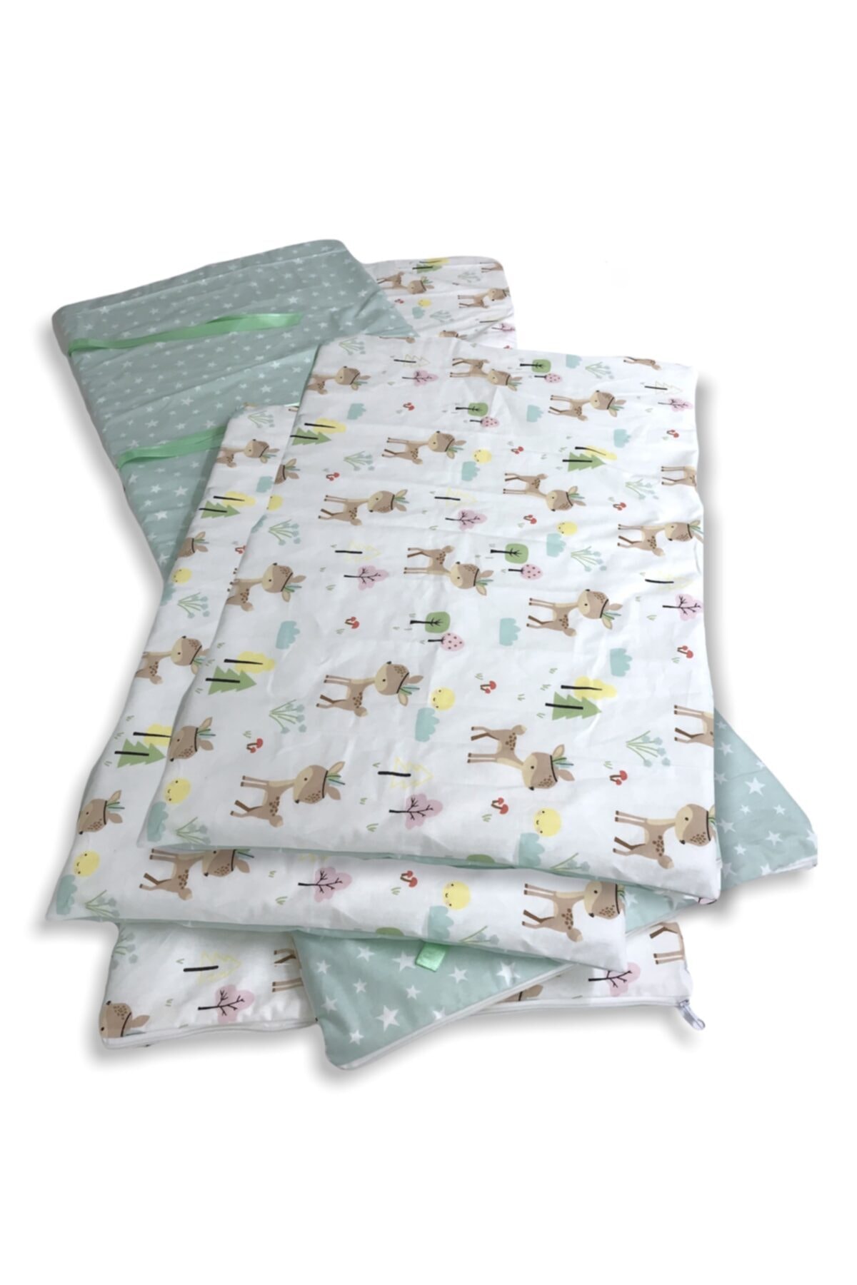 Bebek Çocuk Beşik Kenar Koruma 70x120 Park Beşik (4 Parça) Karaca Yeşil Yıldızlı