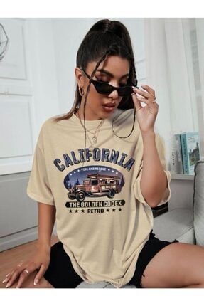 Bej California Baskı Oversize T-shirt CALLİ-01
