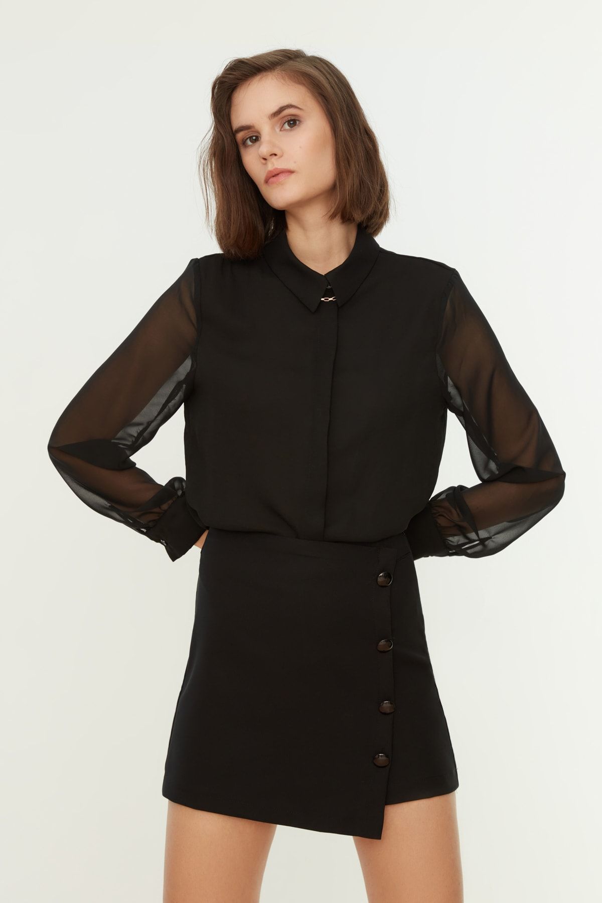 Trendyol Collection-Λεπτομερής υφασμένη φούστα με μαύρο κουμπί TCLAW19BY0045 6