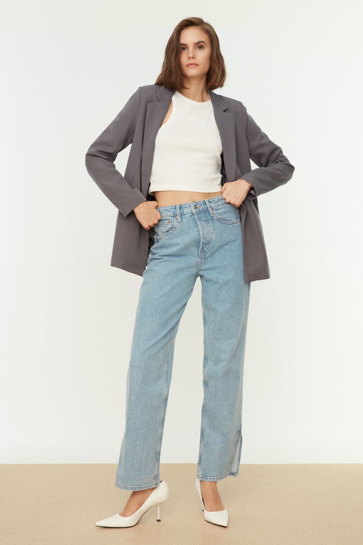 Trendyol Collection Szara, Regularna, Podszewka, Szczegółowa, Tkana Marynarka Kobieta - 40