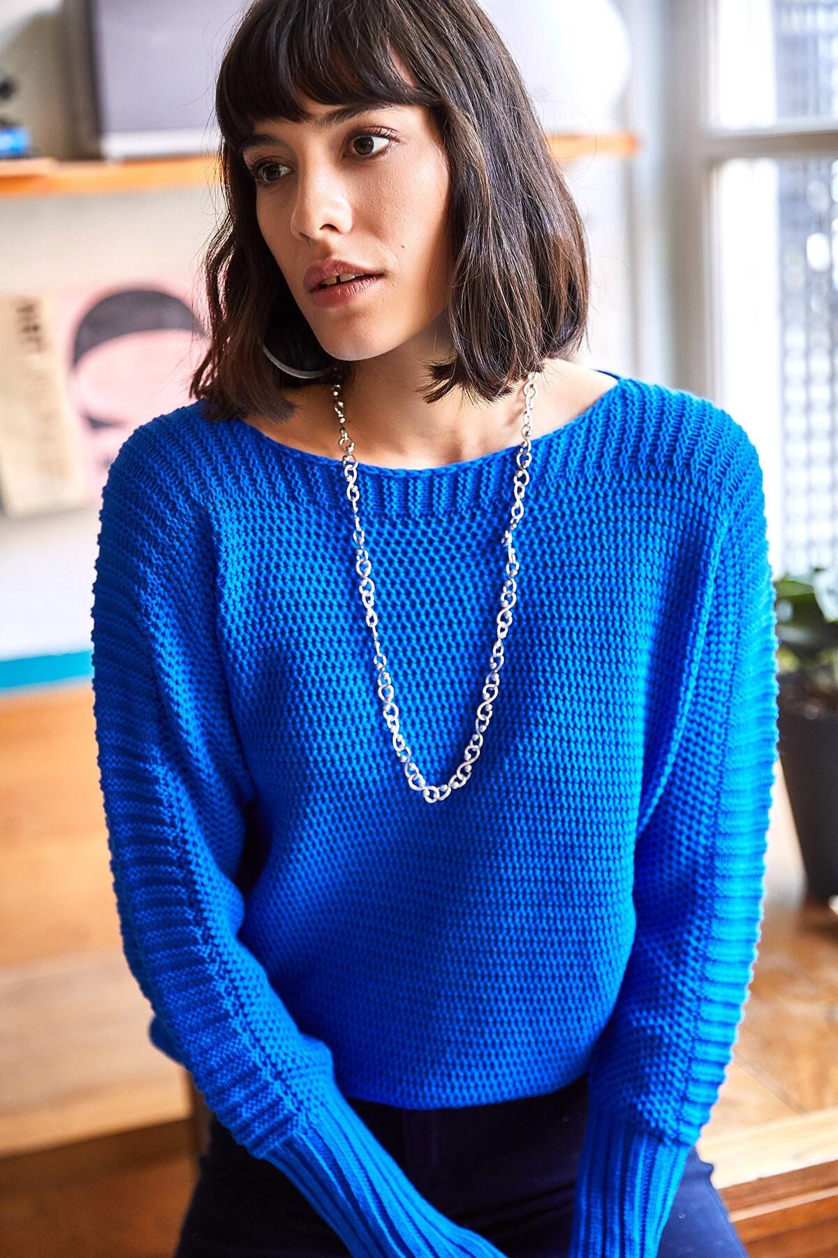 Olalook-Women's Saks Blue Sleeve Detailed Honeycomb Knit Sweater KZK-19000399 3