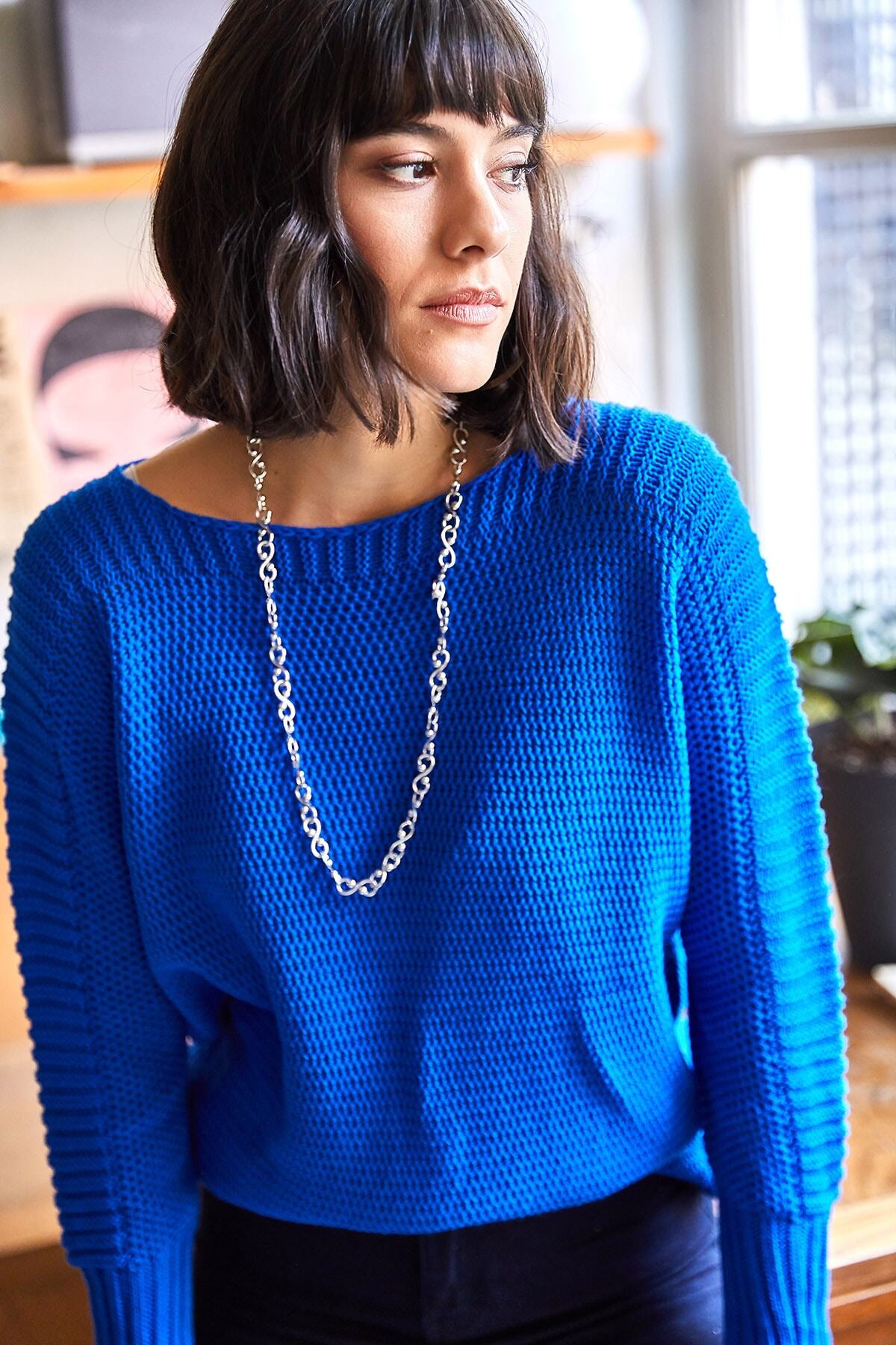 Olalook-Women's Saks Blue Sleeve Detailed Honeycomb Knit Sweater KZK-19000399 5