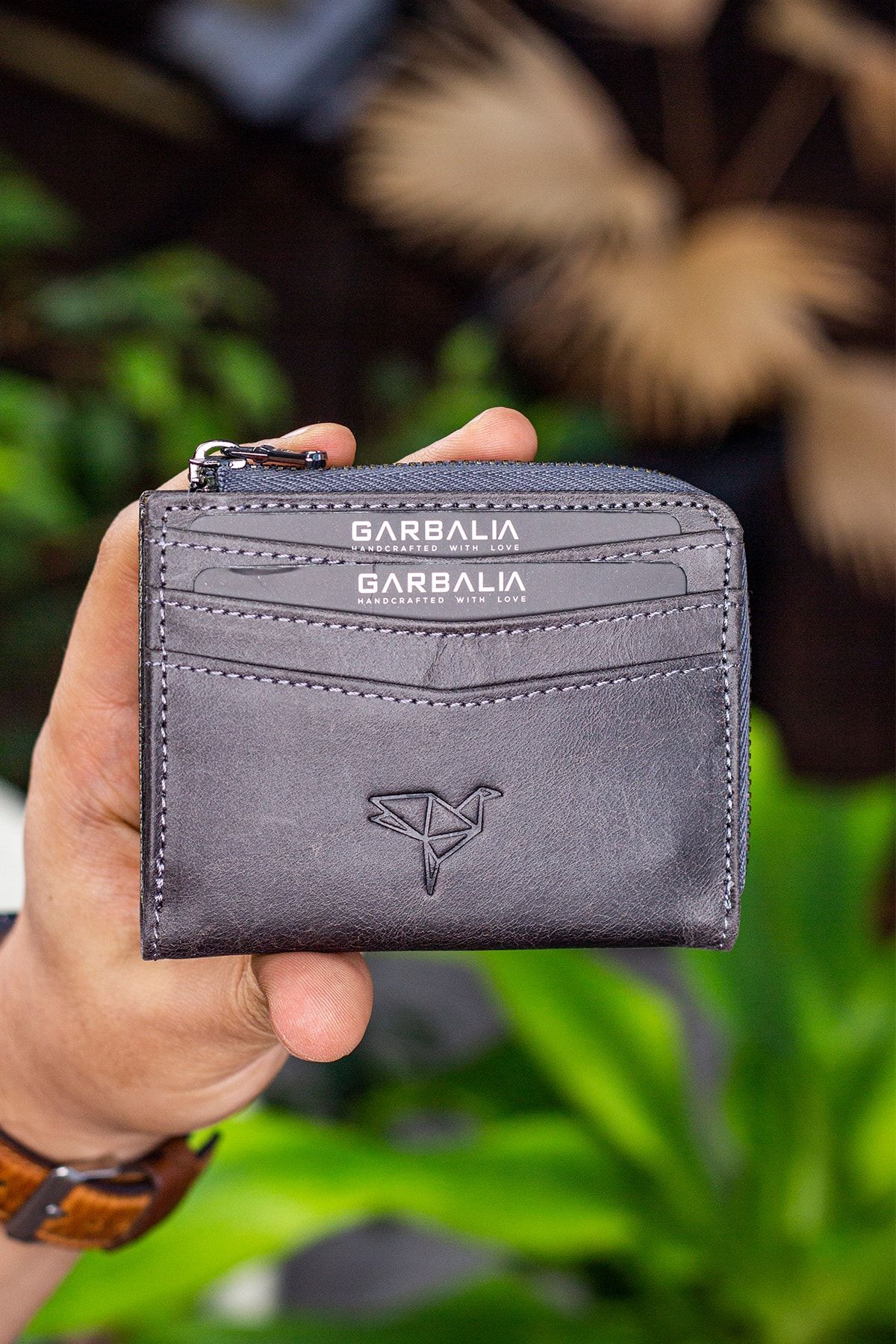 Garbalia Figo Genuine Leather Crazy Gray Zippered Mini Card Holder