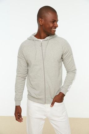 Gri Erkek Regular Fit Fermuarlı Kapüşonlu Renk Bloklu Pamuklu Sweatshirt-Hırka TMNSS20SW0072