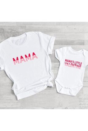 Anne Kız İkili Tshirt ve Zıbın Kombini Sevgililer Günü Mama ve Mama's Valentine Baskılı AKITZK6MVMV