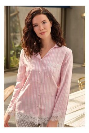 Kadın Ekru-pembe Çizgili Önden Düğmeli Dantel Detaylı Uzun Kol Pijama Takımı 9728