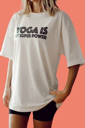 Kadın Beyaz %100 Pamuk Bisiklet Yaka Oversize Boyfriend Yarım Kollu Yoga T-shirt STY2SHIRT