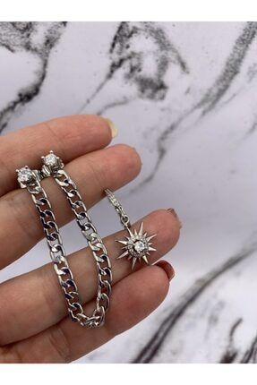 Zincirli Yıldızlı Üçlü Set Silver Küpe GY3252-GNC