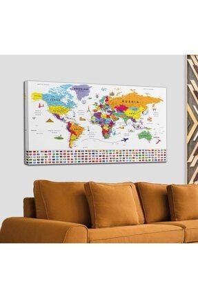 Dünya Haritası Ayrıntılı Eğitici-öğretici Sembollü Bayraklı Dekoratif Kanvas Tablo 2833