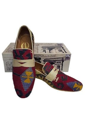 Erkek El Yapımı Kırmızı Kilim Ayakkabısı Gri Baklava Desenli Kösele Tabanlı Klasik Loafer Ayakkabı KLMLFR-8