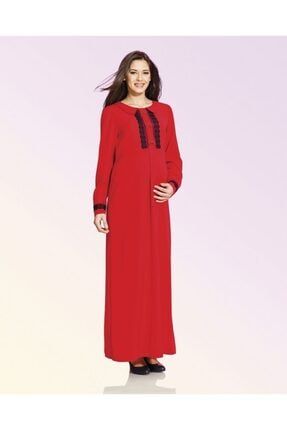 Kadın Kırmızı Üç Fiyonklu Uzun Kollu Hamile Elbise 3243_K