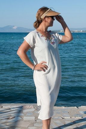 Kadın Beyaz Pamuk Viskon Yazlık Elbisesi PLAJ006