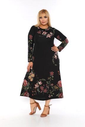 Kadın Siyah Çiçek Desen Uzun Esnek Krep Elbise muh0145
