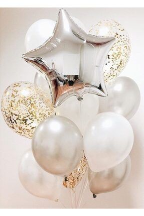 Beyaz Gümüş Konfeti Desenli Lateks Balon Ve Yıldız Folyo Balon Set ES481