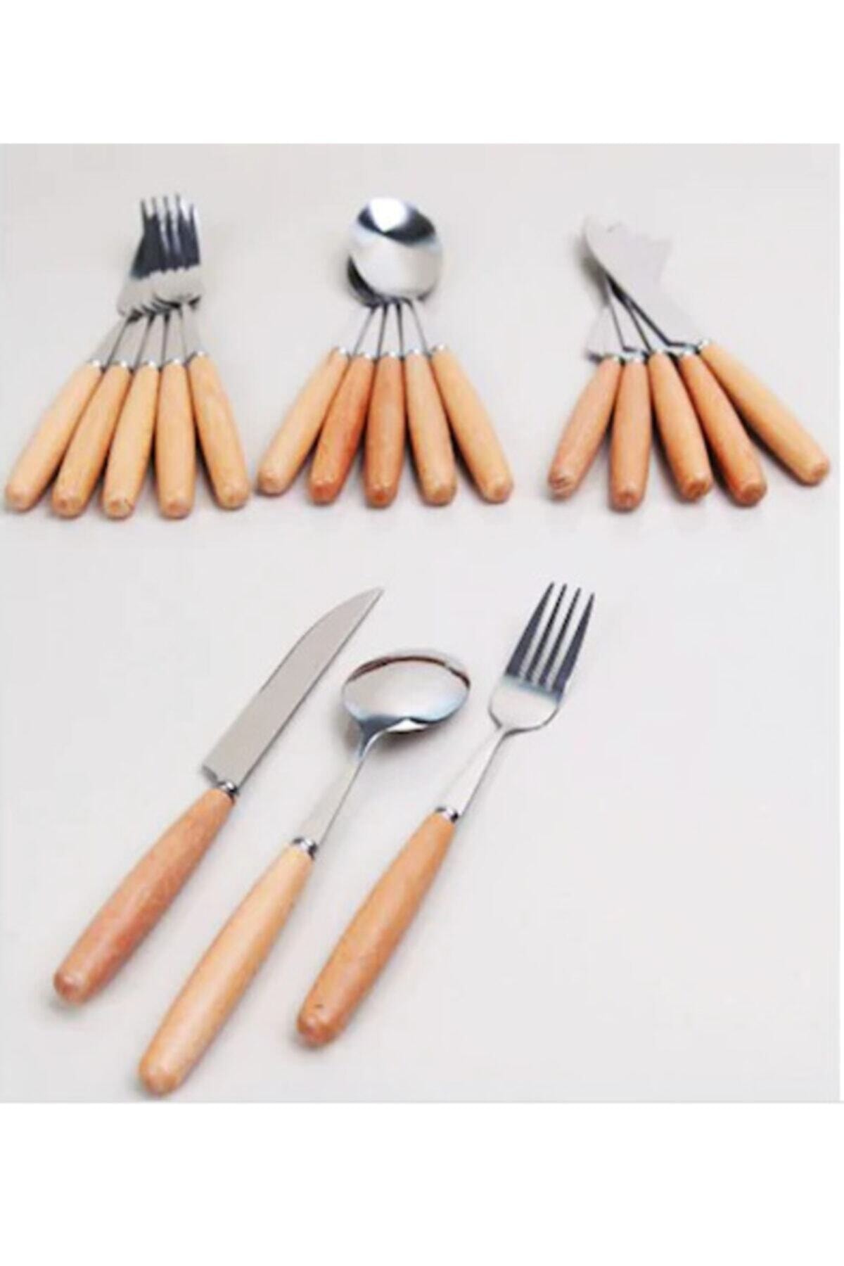 entarzlife 18 Adet Küçük Boy Bambu Saplı Tatlı Çatalı Kaşığı Bıçağı Seti