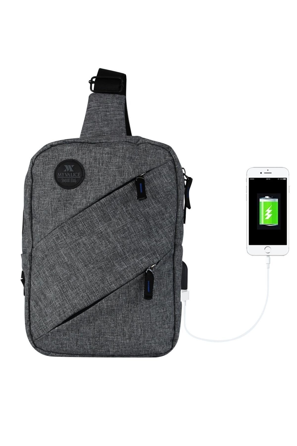 My Valice  Erkek Gri Smart Bag Usb'li Çapraz Göğüs Çantası 1504 - Görsel 4