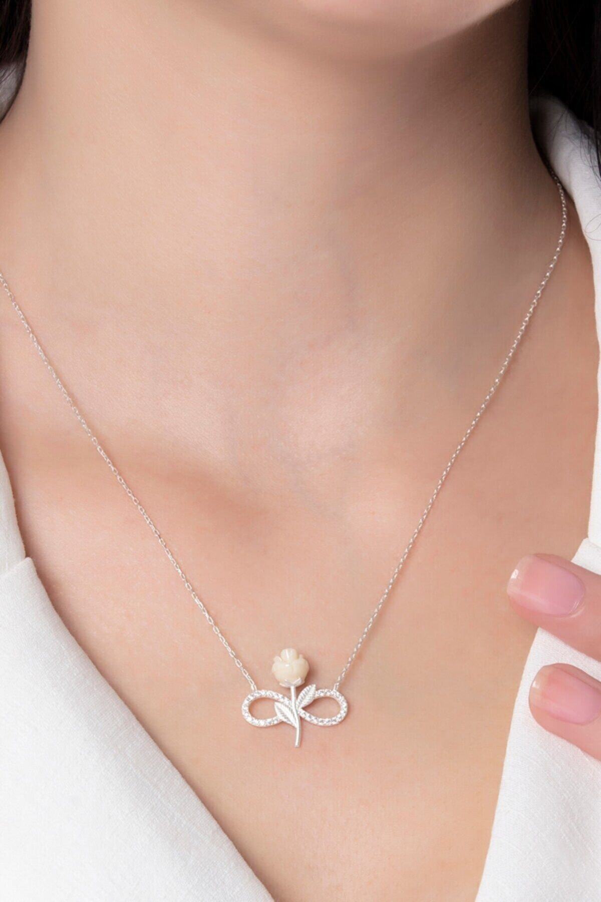 Bilsen Store 925 Ayar Gümüş Zincirli Zirkon Taşlı Sonsuzluk Beyaz Gül Model Kolye görsel 2