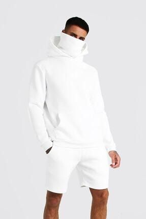 Erkek Beyaz Hoodie Maskeli Boğaz Detay Kapüşonlu Şort Sweatshirt Takım ERKMSKSHTBGZTKESFTKM