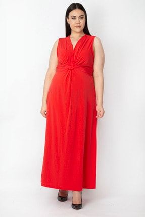 Kadın Kırmızı Göğüs Detaylı Uzun Elbise 65N30661