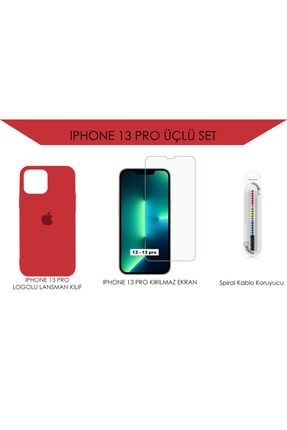 Iphone 13 Pro Uyumlu Logolu Lansman Kılıf, Ekran Koruyucu, Makaron Kablo Koruyucu 3'lü Seti 13P-3SET