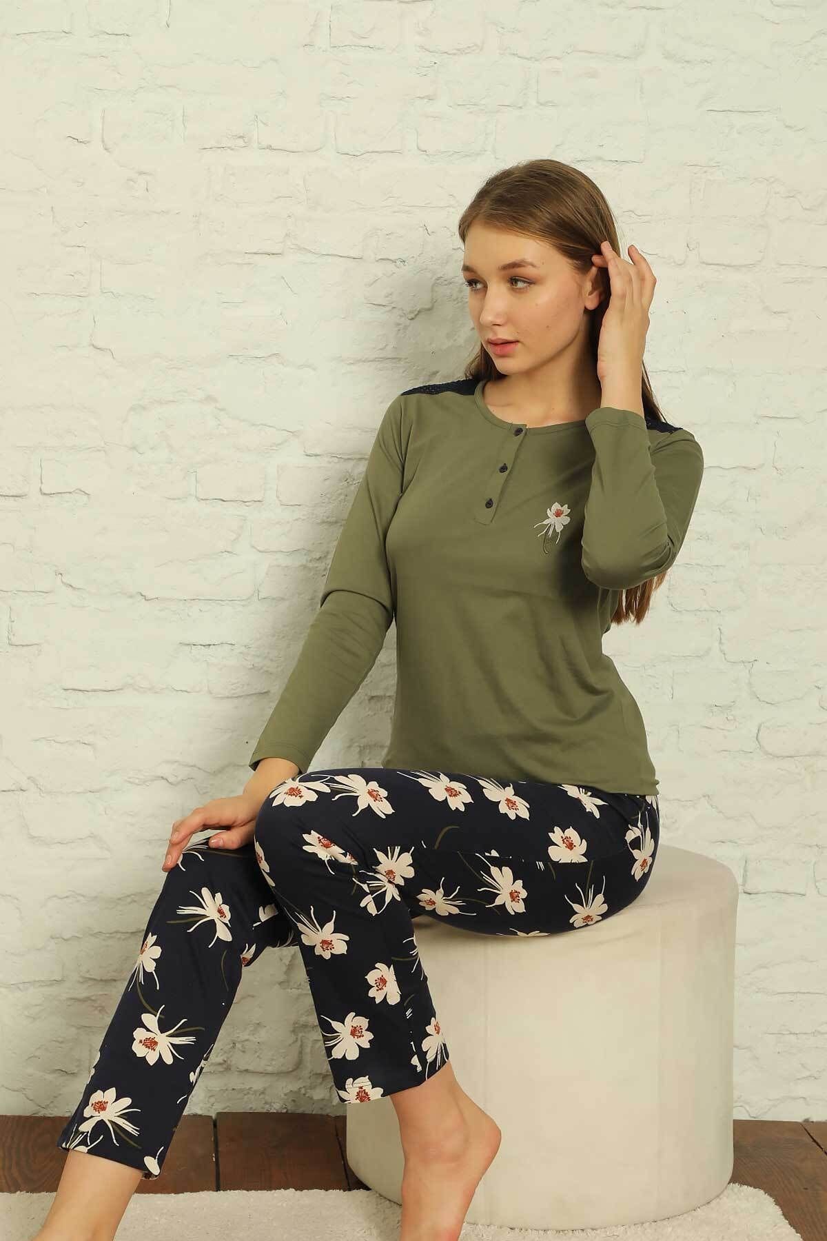 My Fashion World Yeşil Zambak Desenli Kadın Pijama Takımı 2630