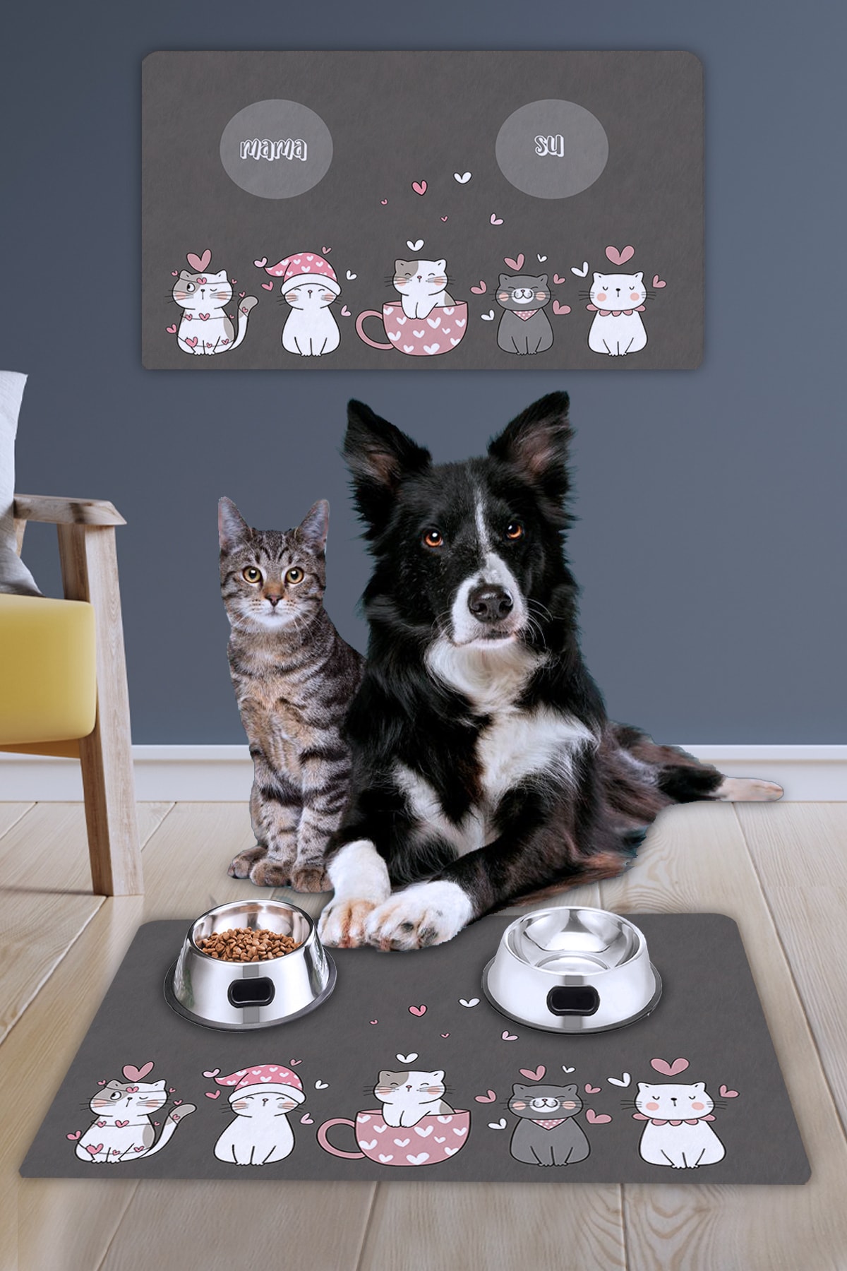 Uygur Home Modern Dijital Baskı Gri Kedi Köpek Mama Paspası (SU GEÇİRMEZ) 40x60