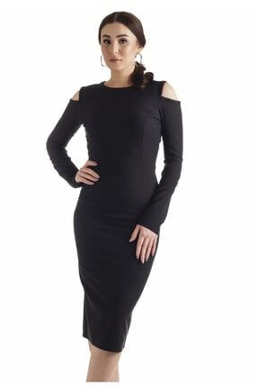 Uzun Kollu Sırt Dekolteli Elbise Siyah - Bead Serisi 19401