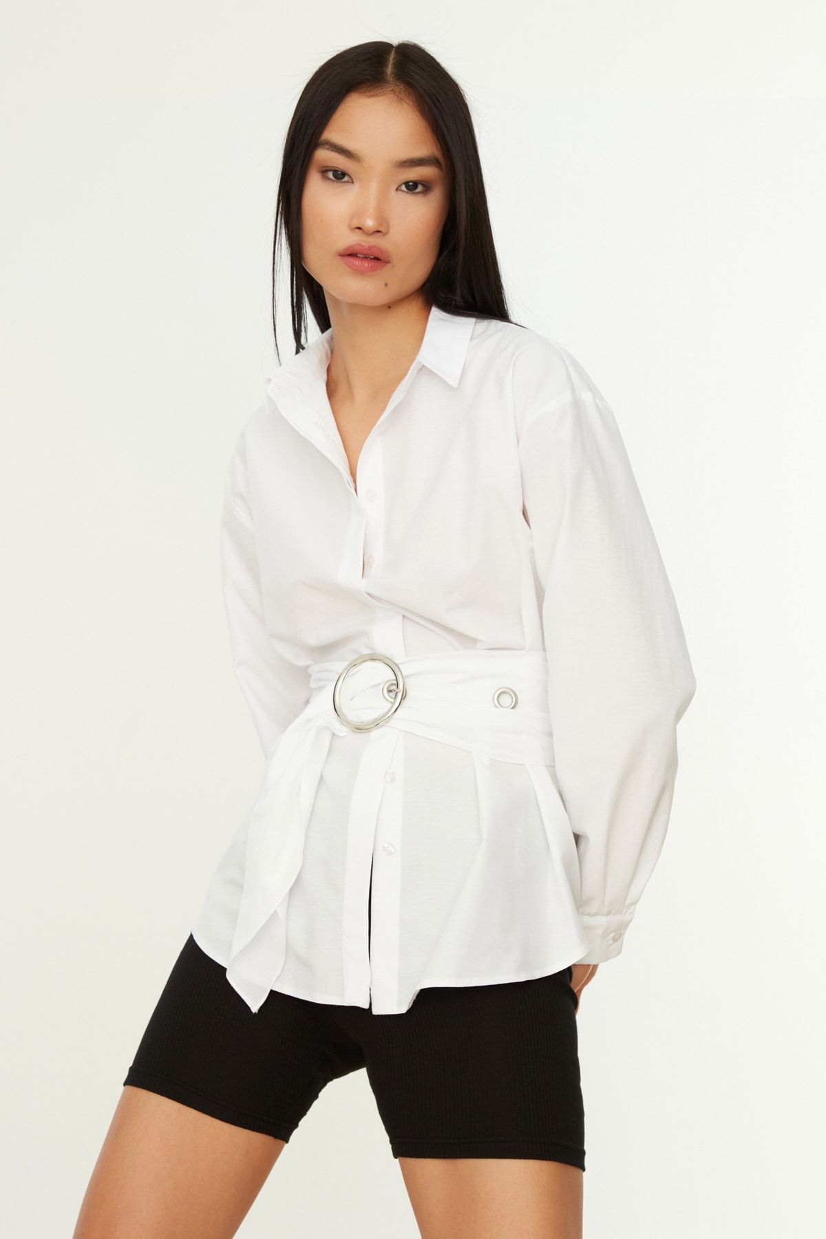 Trendyol Collection-Λευκή πόρπη ζώνης Λεπτομερές βαμβακερό πουκάμισο TWOAW20GO0099 3